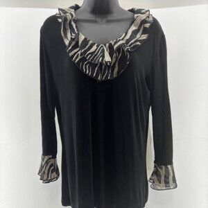 Chico's Travelers Animal Print Ruffle Blouse 1 M Stretch 3/4 Bell Sleeve Black